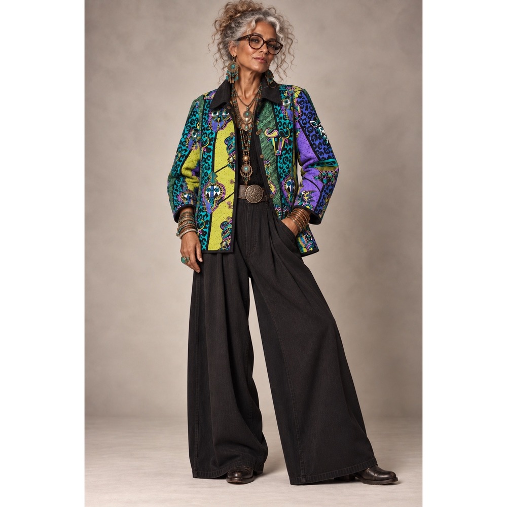 Vtg. Bob Mackie Wearable Art Silk Quilted Jacket African Mask Print M Eclectic